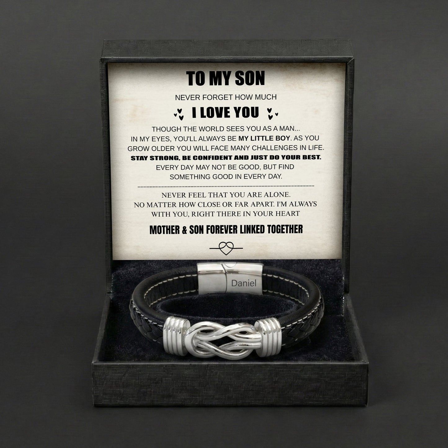 Son's Infinity Bracelet with Custom Engraving
